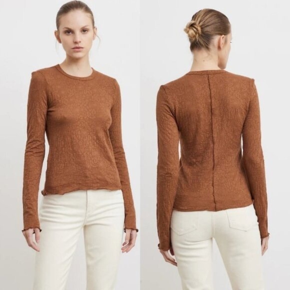 Rag & Bone Gemma Jacquard Lettuce Edge Long Sleeve Top Brown XS
